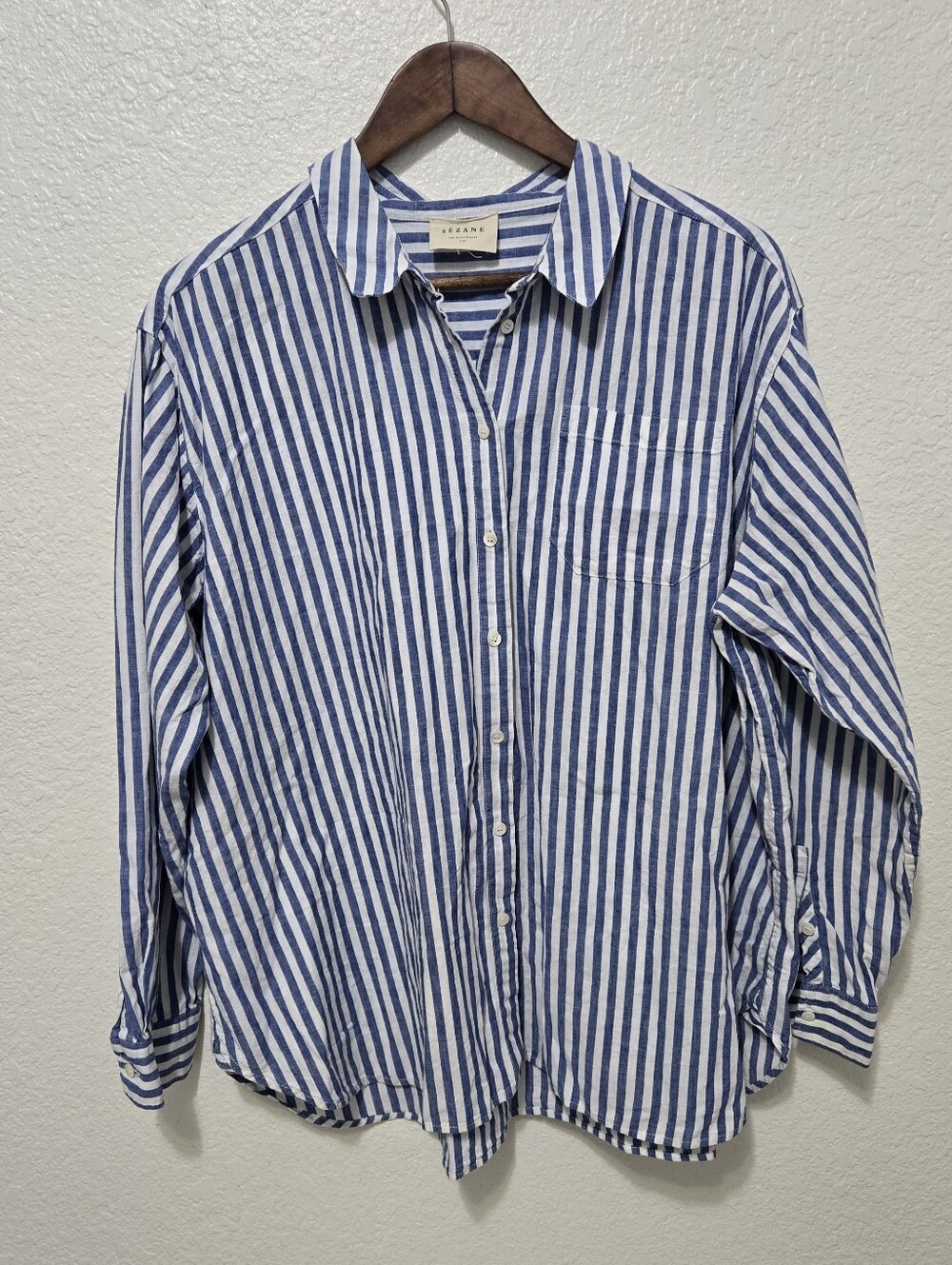 Sezane Max striped blue white oversized button up shirt